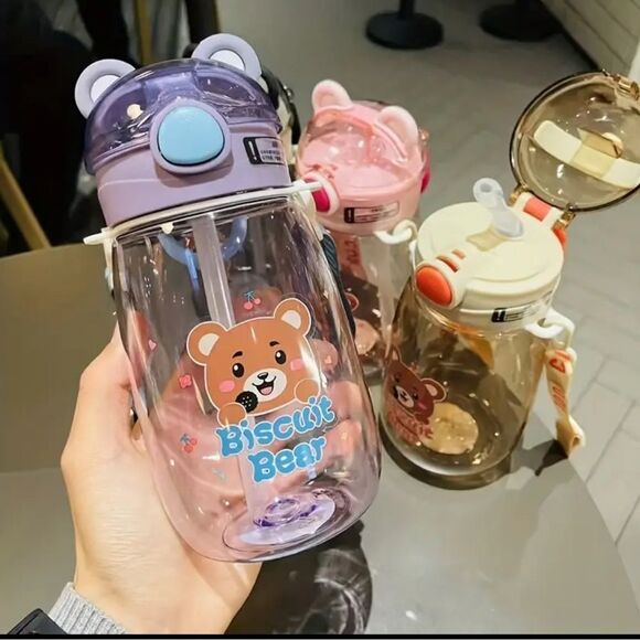 Other - Cute Biscuit Bear Kids Water Bottle 650ml with Strap – Leakproof Flip Lid